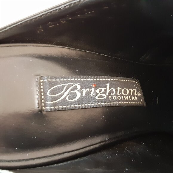 BRIGHTON BLACK LEATHER SLIP ON 2" HEELS SHOES SILVER BUCKLE TEMPE BRAZIL 7M - Picture 6 of 6